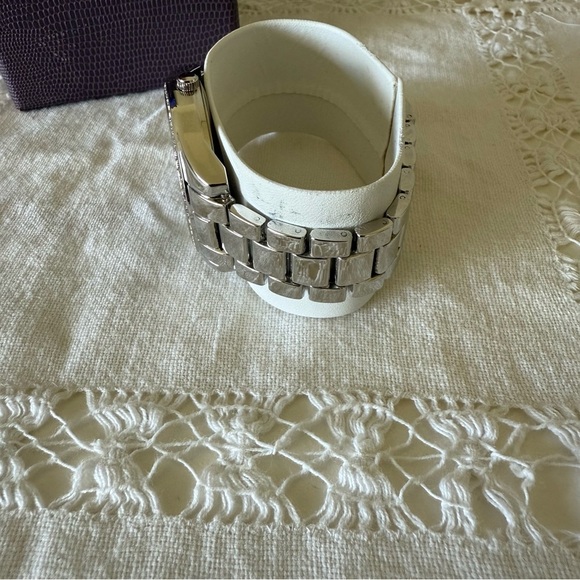 NEW Silver Chunky Statement Watch with Rhinestone Black Floral Detail - Picture 4 of 10